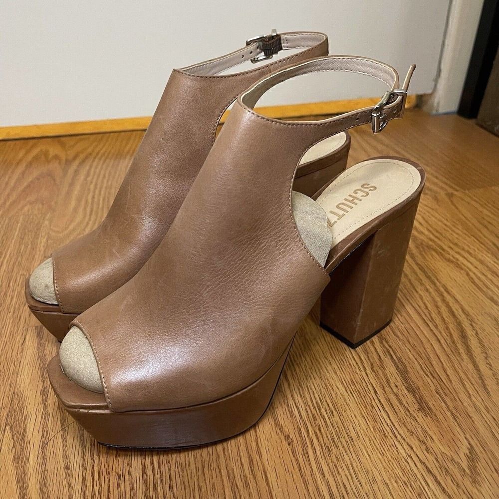 SCHUTZ Brown Soft Leather Peep toe slingback platform heels size US 9